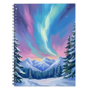Caderno Espiral Noite de Inverno Luzes do Norte Aquarela Montanha