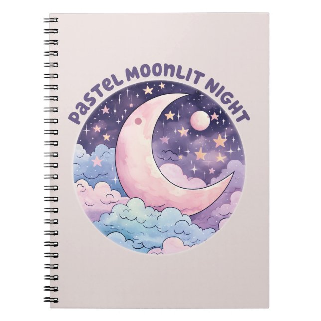 Caderno Espiral Noite de Moonlit Pastel - Lua do Crescente Sonhado (Frente)