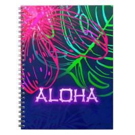 Caderno Espiral Noite Tropical de Luau Elétrico Neon Paraíso Aloha