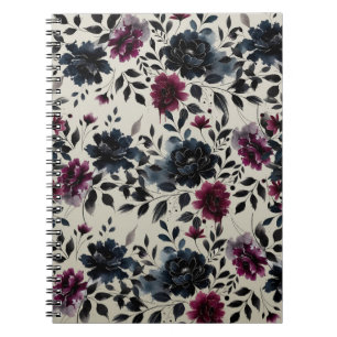 Caderno Espiral Noiva Floral Azul Meia-Noite Borgonha Amêndoa