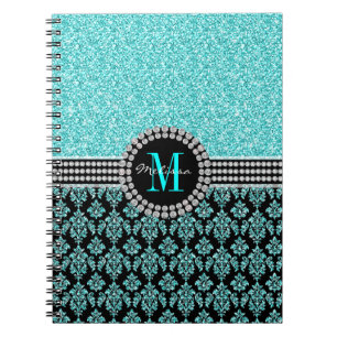 Caderno Espiral Nome azul do damasco do monograma do brilho do
