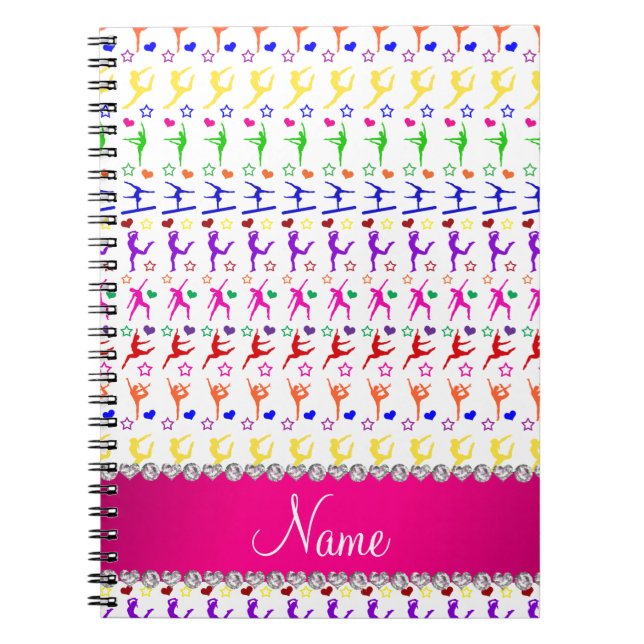 Caderno Espiral Nome branco cor-de-rosa ginástica arco-íris coraçõ (Frente)