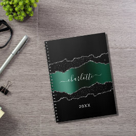 Caderno Espiral Nome brilhante do mármore verde-esmeraldo preto