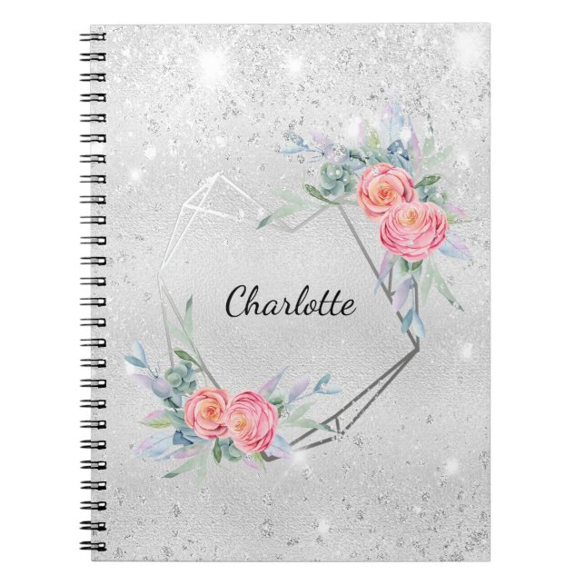 Caderno Espiral Nome brilhante dos florais cor-de-rosa prateado (Frente)