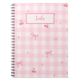 Caderno Espiral Nome com Design de Laço de Cereja em Xadrez Rosa
