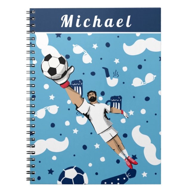 Caderno Espiral Nome da Criança do Goleiro de Futebol Azul  (Frente)
