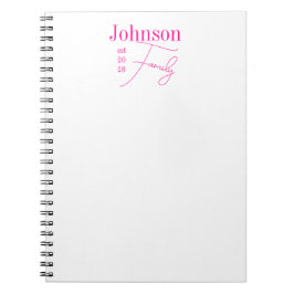 Caderno Espiral Nome da Família Personalizado Rosa Quente e Branco