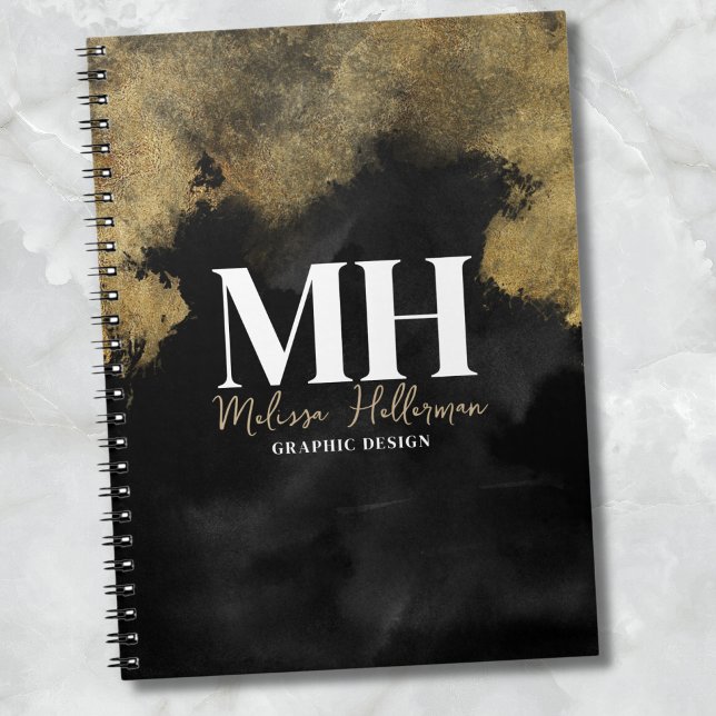 Caderno Espiral Nome da Fonte Moderna Black Gold Monogram (Modern Script Name Initial Black Gold Monogram notebook)
