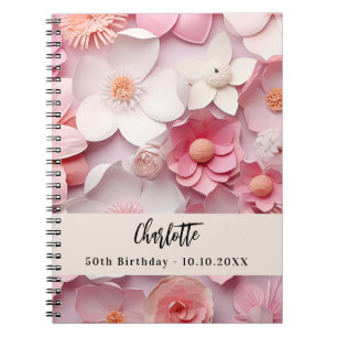 Caderno Espiral Nome das flores brancas cor-de-rosa do aniversário