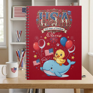 Caderno Espiral Nome de Baleia Bebê Patriótica EUA 250 Anos