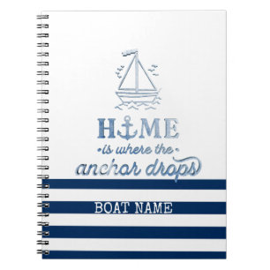 Caderno Espiral Nome de Barco Náutico, Âncora Azul Marinho Listrad