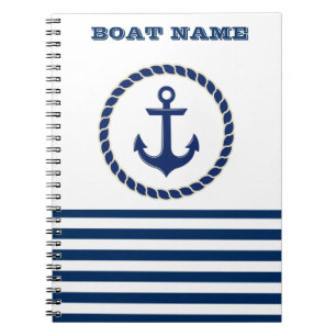 Caderno Espiral Nome de Barco Náutico, Âncora Azul Marinho Listrad