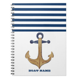 Caderno Espiral Nome de Barco Náutico, Listra Azul-Marinho Âncora