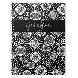 Caderno Espiral Nome de Estouro de Estrela Geométrica Preto e Bran