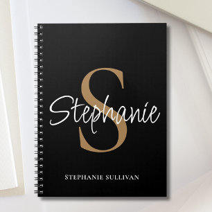 Caderno Espiral Nome de Letra Elegante Monograma Preto Dourado