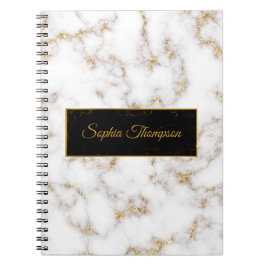 Caderno Espiral Nome de mármore branco Elegante moderno Dourado - 