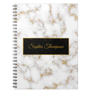 Caderno Espiral Nome de mármore branco Elegante moderno Dourado -