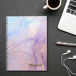Caderno Espiral Nome de Mármore Brilho Dourado Rosa Azul