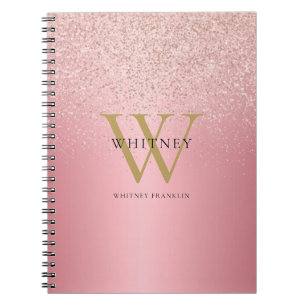 Caderno Espiral Nome de Monograma com Brilho em Rose Gold