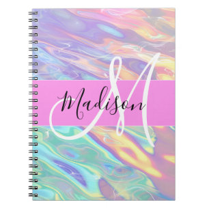 Caderno Espiral Nome de Monograma Holográfico Iridescente Rosa Fem