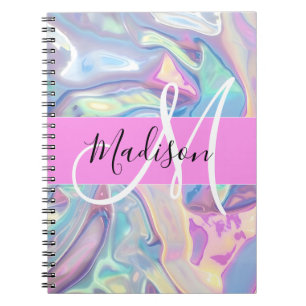 Caderno Espiral Nome de Monograma Holográfico Iridescente Rosa Fem