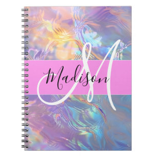 Caderno Espiral Nome de Monograma Holográfico Iridescente Rosa Fem
