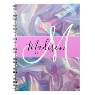 Caderno Espiral Nome de Monograma Iridescente Holográfico Rosa Fem
