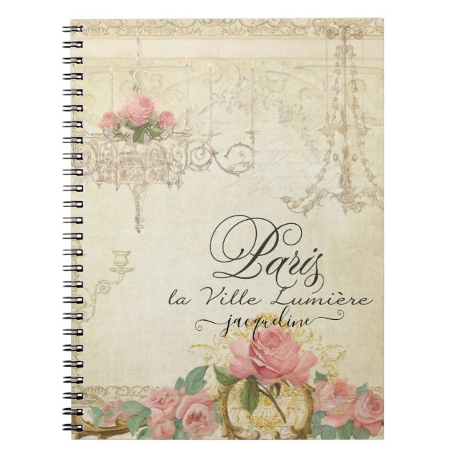 Caderno Espiral Nome de Script Elegante do Chandelier de Paris do  (Frente)