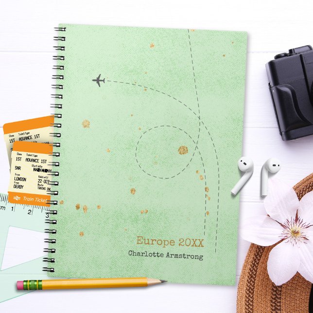 Caderno Espiral Nome do avião, Sage Mint Dourada Viagem (Wanderlust Name Airplane Mint Gold Travel Notebook ©Susanne Sachers - Sunny Wanderlust 🌞✈️)