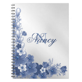 Caderno Espiral Nome do Monograma Cinza Floral Blue Silver Elegant