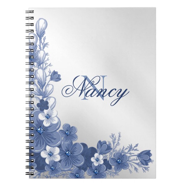 Caderno Espiral Nome do Monograma Cinza Floral Blue Silver Elegant (Frente)