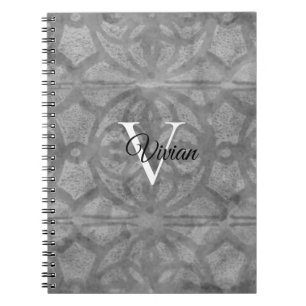 Caderno Espiral Nome do Monograma da Batik de Aquarela da Cinza Ul