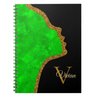 Caderno Espiral Nome Do Monograma Da Face Da Gliteta Preta E Doura
