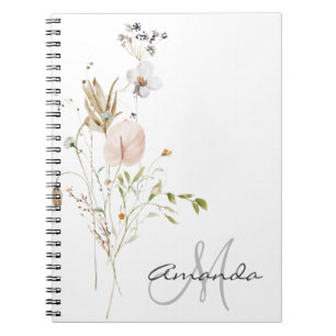 Caderno Espiral Nome do Monograma da Flor Selvagem de Aquarela