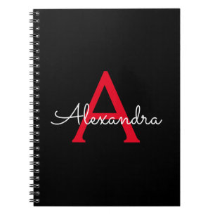 Caderno Espiral Nome do Monograma da Rapariga do Script Preto Verm