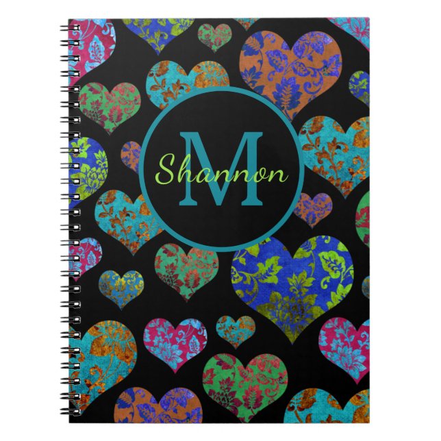 Caderno Espiral Nome do monograma de padrão floral colorida (Frente)