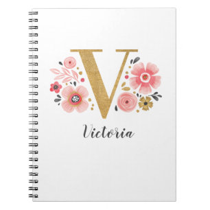 Caderno Espiral Nome do Monograma do Elegante Script Floral Cor-de