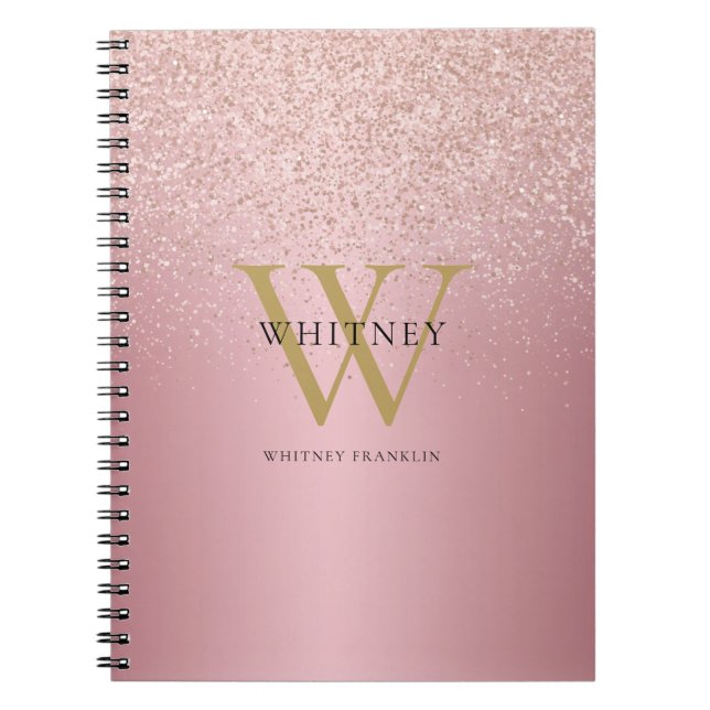 Caderno Espiral Nome do Monograma do Glitter Dourado rosa (Frente)