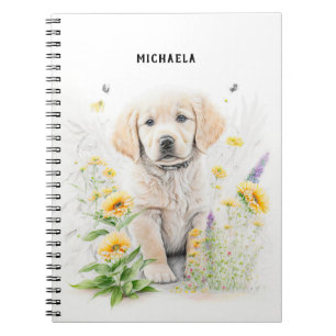 Caderno Espiral Nome do Monograma do ouro Retriever Puppy e Floral