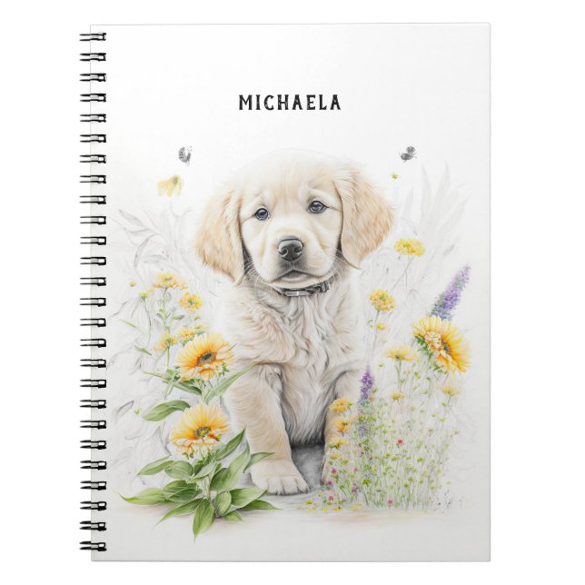 Caderno Espiral Nome do Monograma do ouro Retriever Puppy e Floral (Frente)