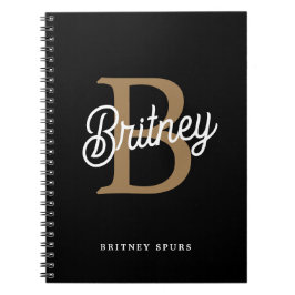Caderno Espiral Nome do Monograma Elegante Moderno Script Dourado