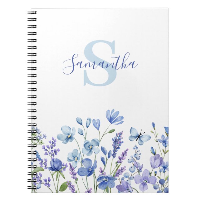 Caderno Espiral Nome do Monograma Floral Azul (Frente)
