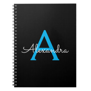 Caderno Espiral Nome do Monograma Girly de Script Preto Azul