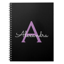 Caderno Espiral Nome do Monograma Girly de Script Preto Roxo