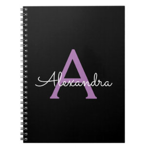 Caderno Espiral Nome do Monograma Girly de Script Preto Roxo