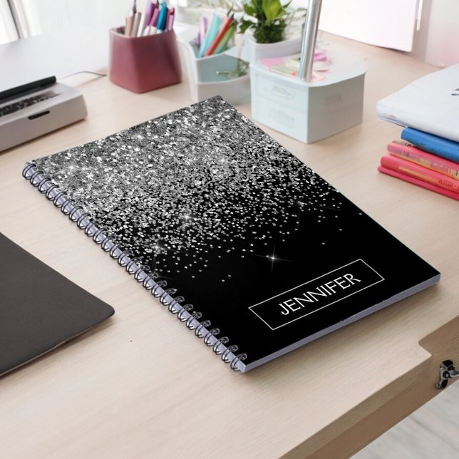 Caderno Espiral Nome do Monograma Girly Negra Silver Glitter (Criador carregado)