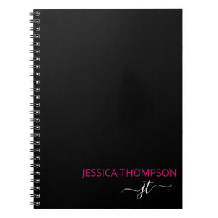 Caderno Espiral Nome do Monograma Simples de Script Preto Moderno,
