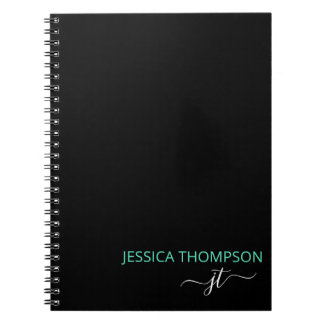 Caderno Espiral Nome do Monograma Simples de Script Preto Teal Mod