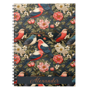 Caderno Espiral Nome do Padrão de Aves e Flores decorativas na mod