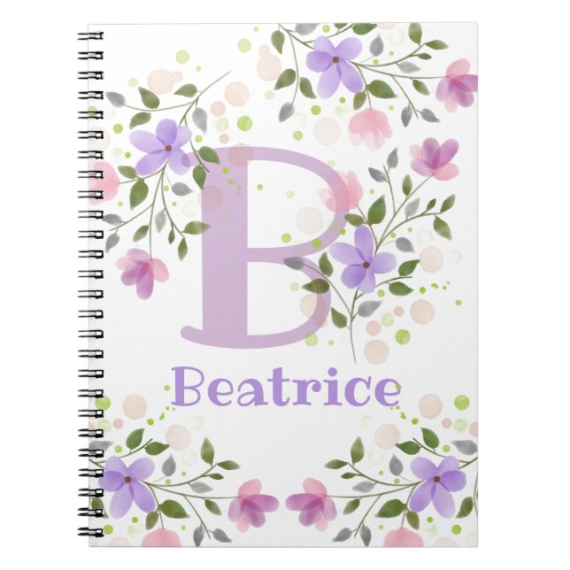 Caderno Espiral Nome do primeiro Plus Inicial Beatrice com Flores (Frente)